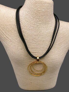 Joan Rivers Leather Cord Necklace with  Hammered Gold Rings Pendant
